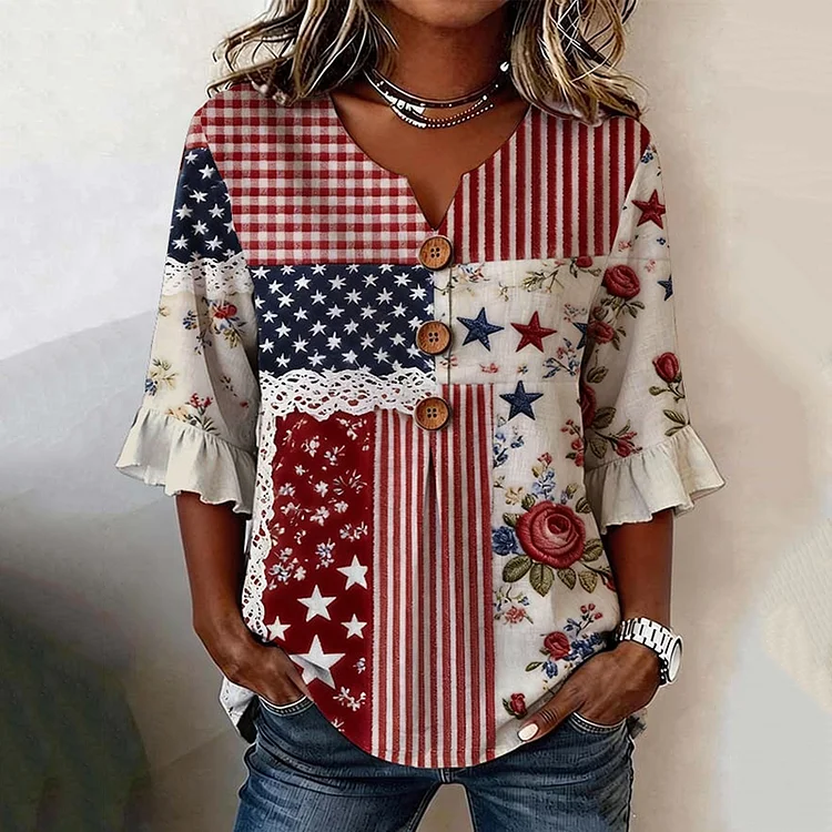 Women's Casual Independence Day Striped Patchwork Floral Print Shirt