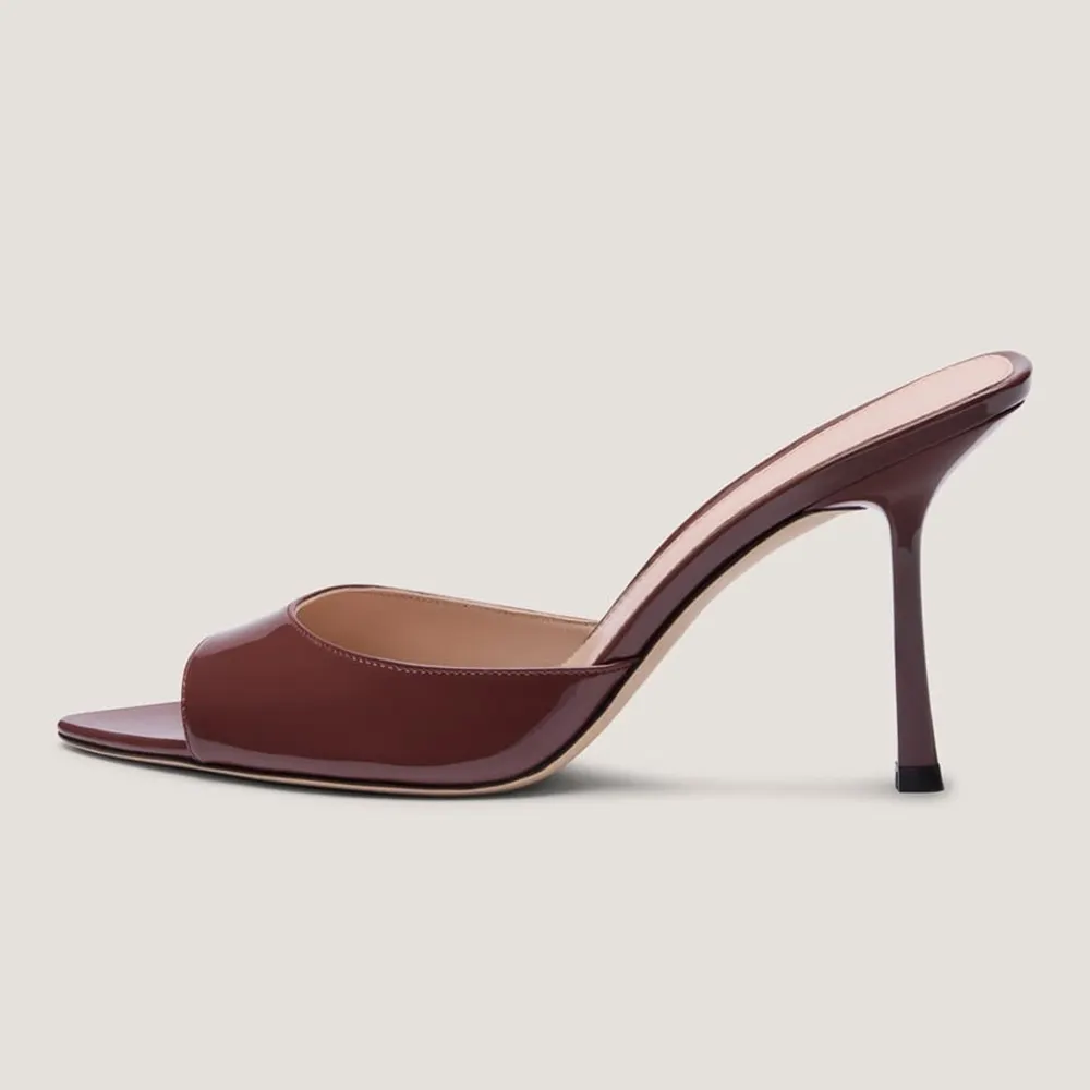 Brown Patent Leather Open Toe Slip On Stiletto Heel Mules Sandals