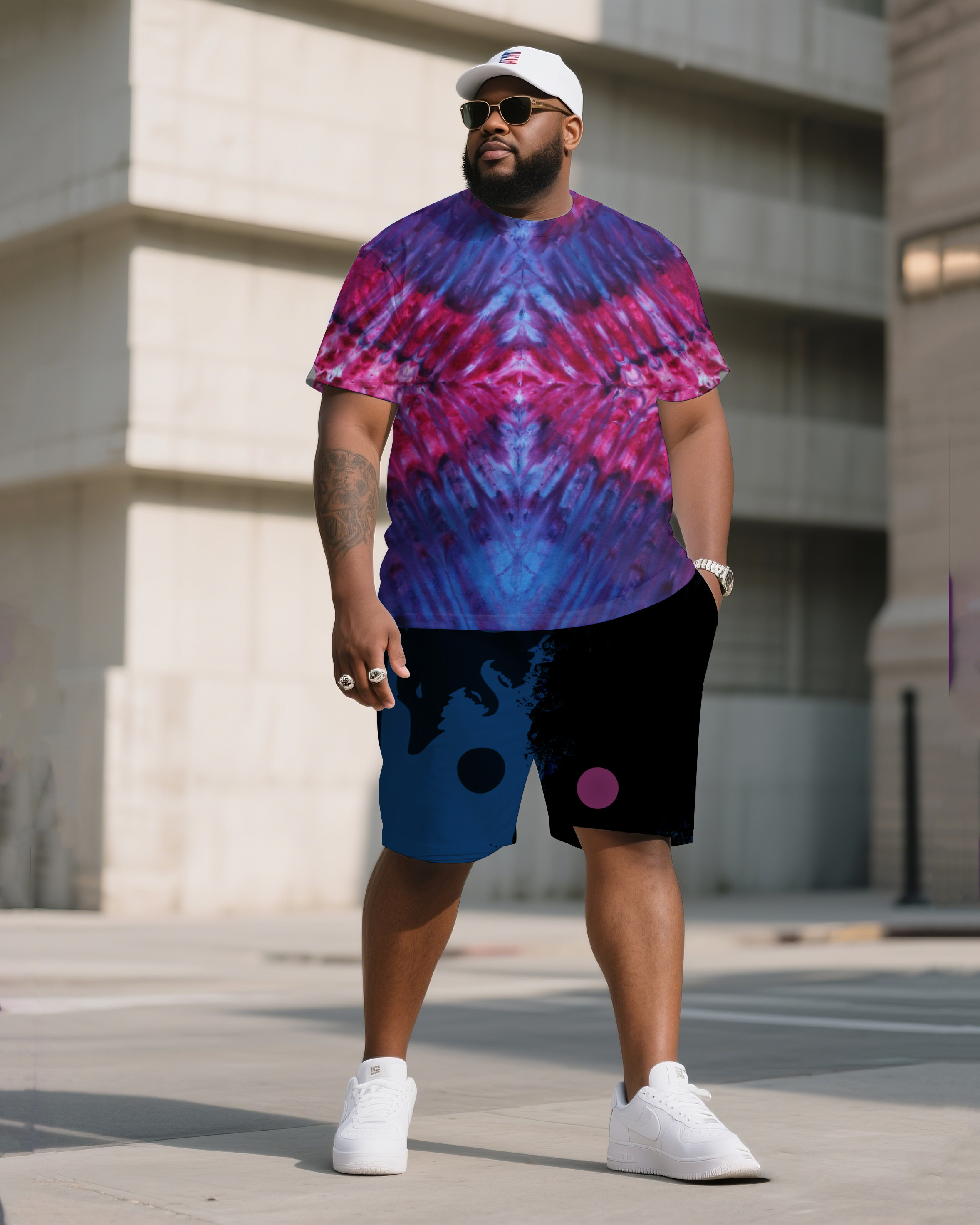 Men's Plus Size Double-Sided Diamond Ice Dye Tie-Dye Round Neck T-Shirt Shorts Suit