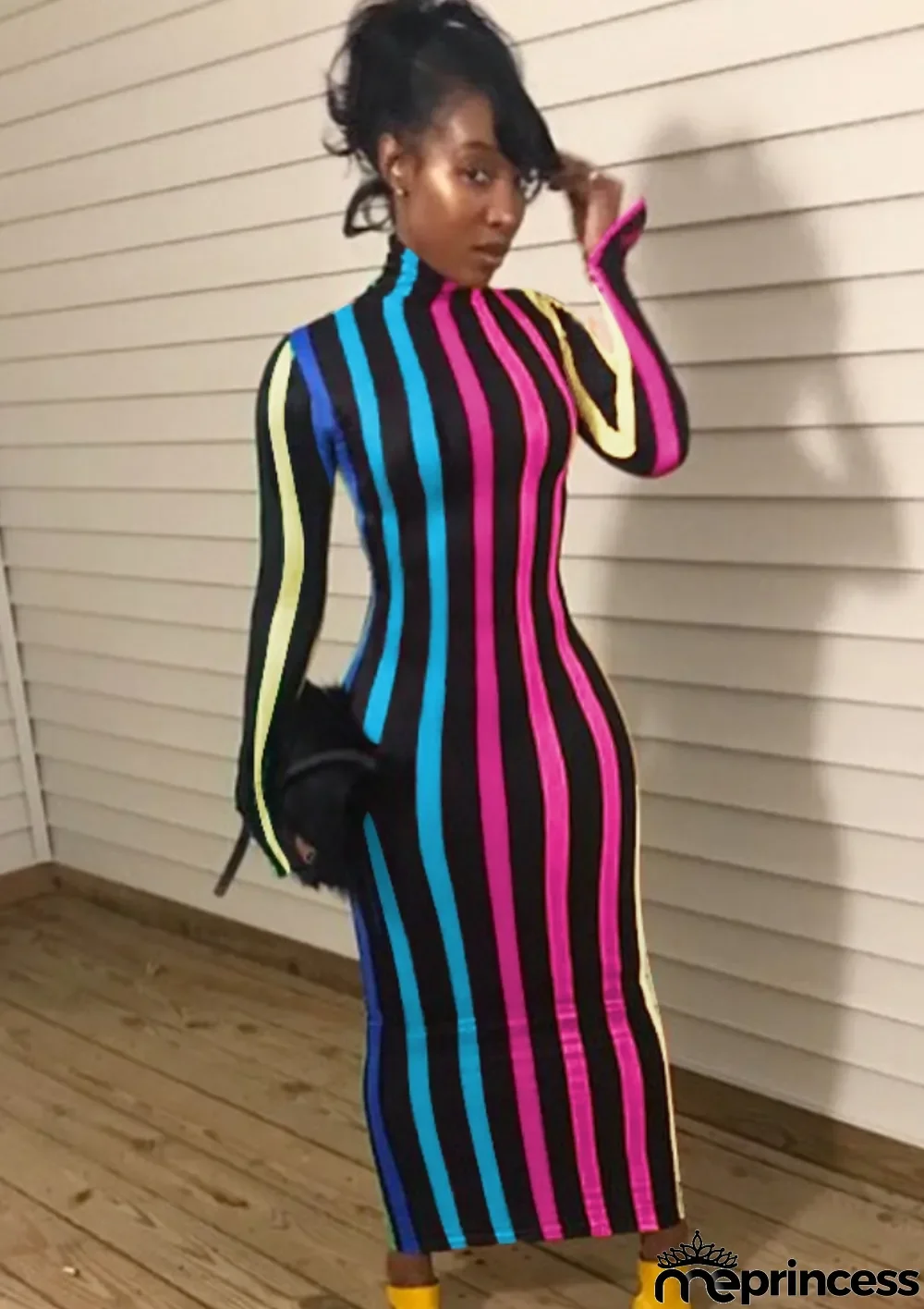 Winter Colorful Stripes Turtleneck Long Bodycon Dress