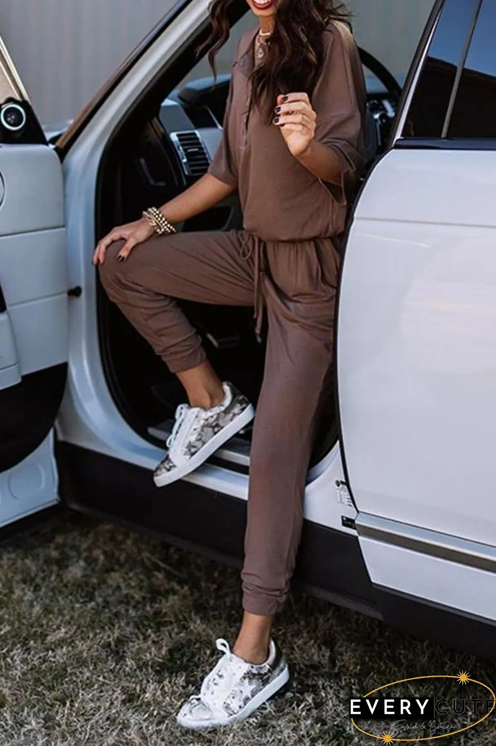 Solid Color Short Sleeve Casual Jumpsuit P15052