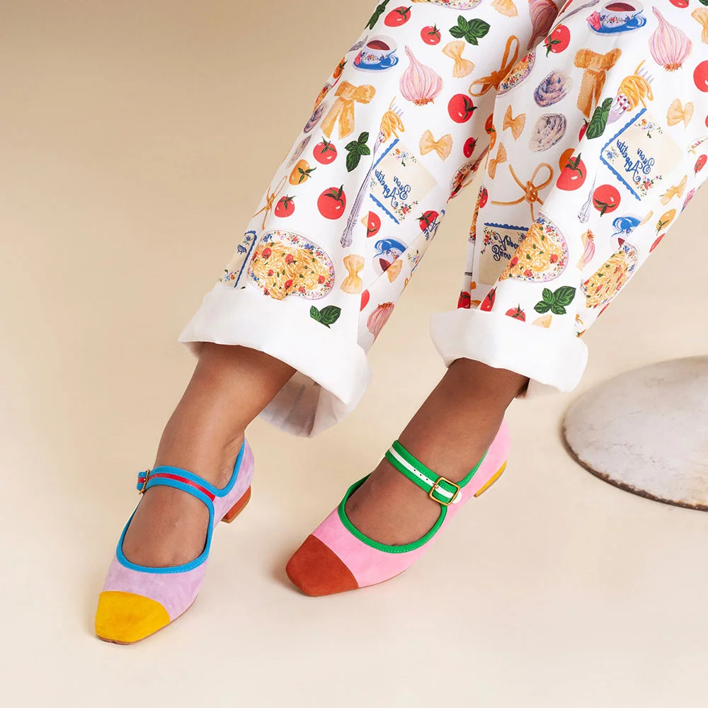 Multicolor Vegan Suede Buckle Strap Square Toe Flat Shoes for Women