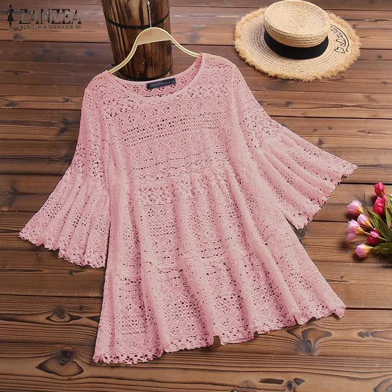 ZANZEA Summer Lace Crochet Blouse Women's 3/4 Flare Sleeve Hollow Out Shirts Female Bohemian Tops Solid Beach Blusas Robe Femme