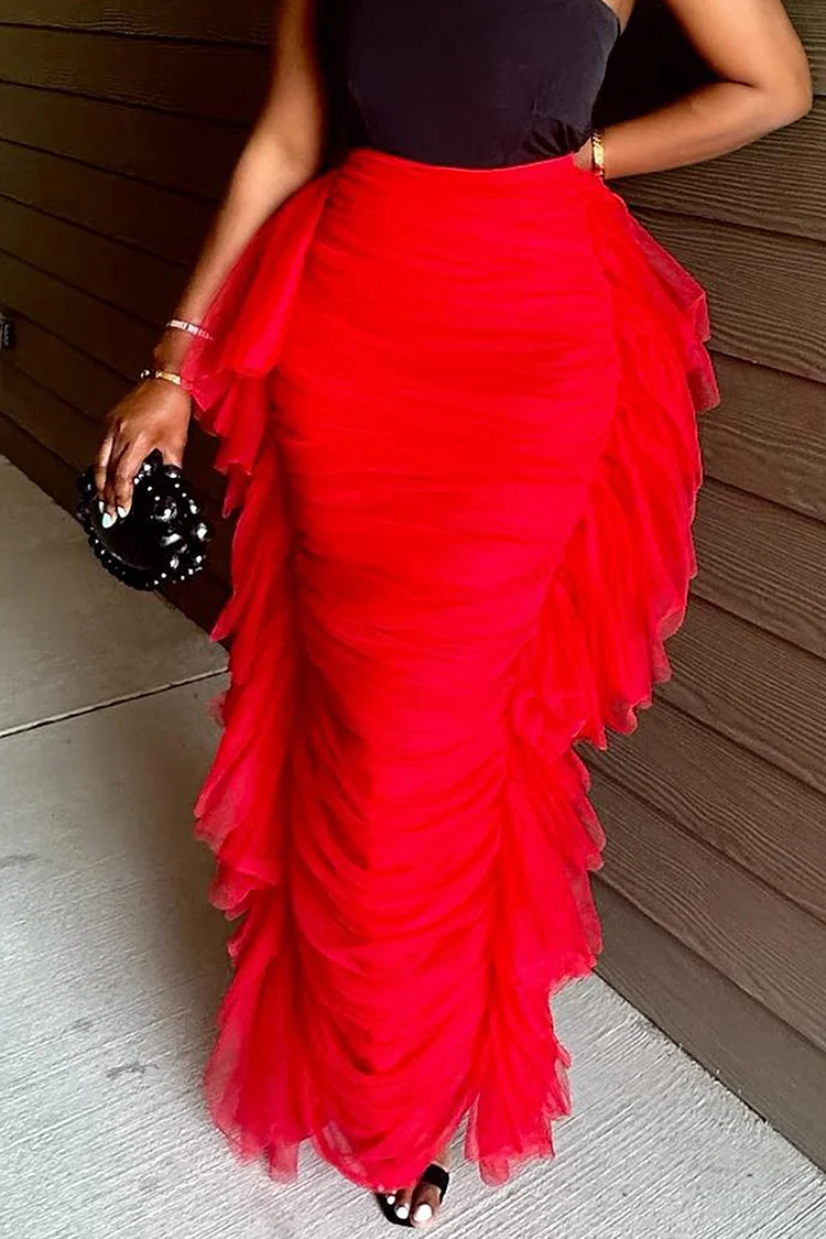 Xpluswear Plus Size Red Daily Side Tulle Ruffles Fold Skirts [Pre-Order]