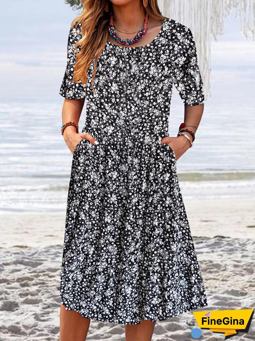 Women Short Sleeve Scoop Neck Floral Printed Graphic Midi Dress