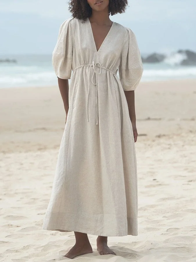Women's Casual Solid Color V-Neck Mid Sleeve Cotton and Linen Dress
