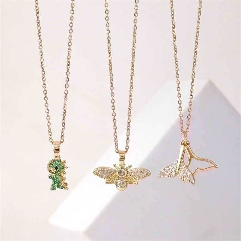 304 Stainless Steel Copper Gold Plated IG Style Elegant Minimalist Plating Inlay Dinosaur Bee Fish Tail Zircon Necklace