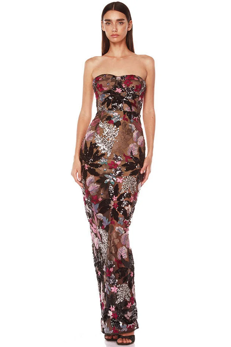 Evening Gown Black Strapless Mesh Sequin Embroidery See-Through Maxi Dress
