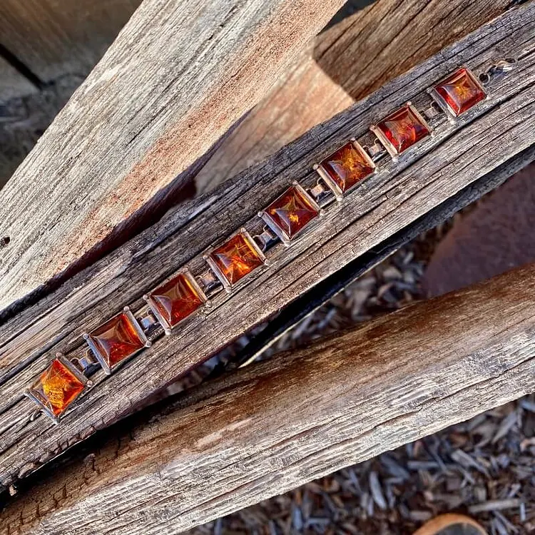 Vintage Sterling Silver Panel Bracelet set with Baltic Amber