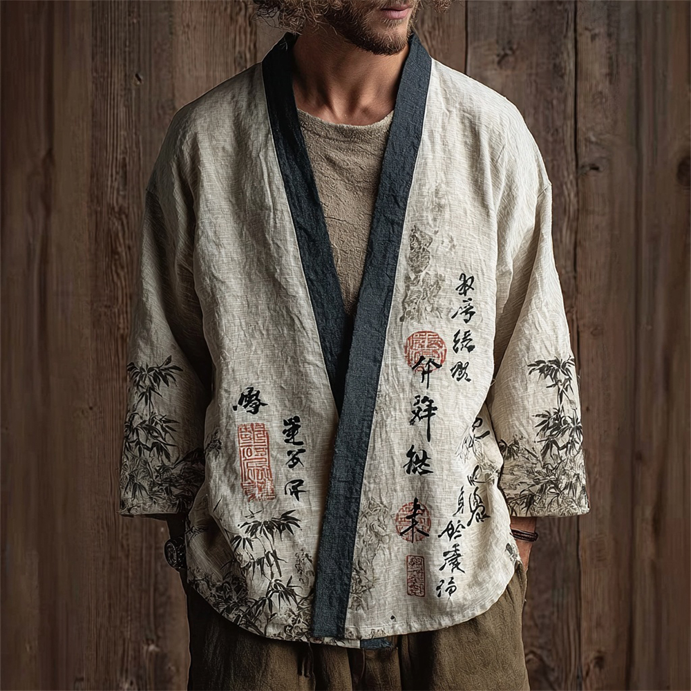Men's Vintage Japanese Bamboo Calligraphic Pattern Linen Kimono  artssus
