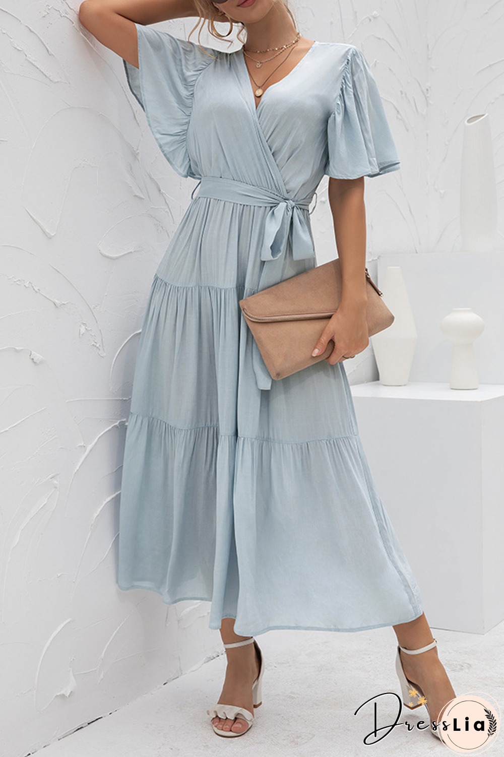 Elegant Solid Split Joint With Belt V Neck Cake Skirt Dresses(4 Colors)