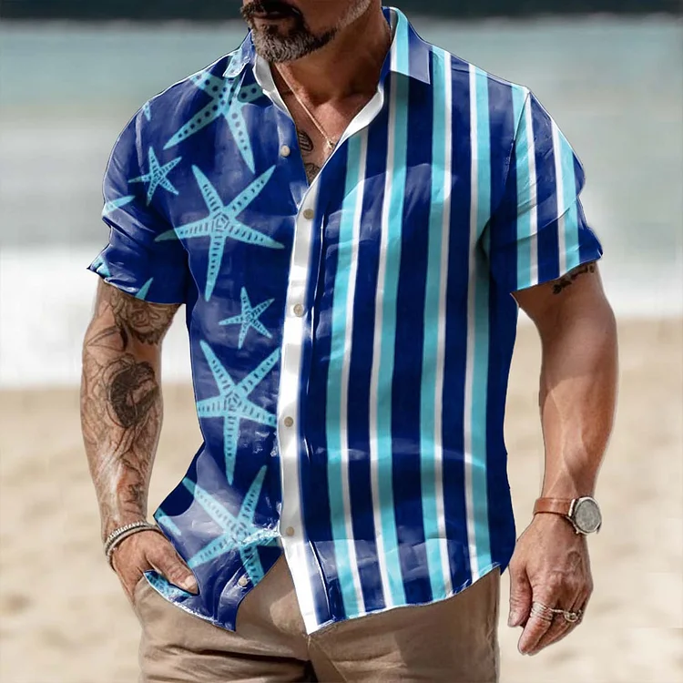 Men's Starfish Stripe Hawaiian Beach Short Sleeve Shirt socialshop