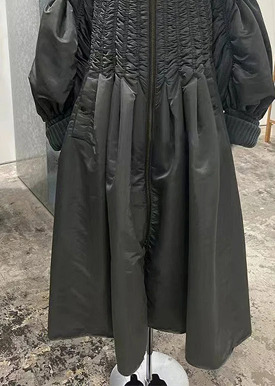 Women Black Zip Up Patchwork Fine Cotton Filled Knit Coat Winter