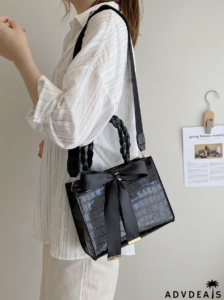 Bow Decor Croc Embossed Satchel Bag
