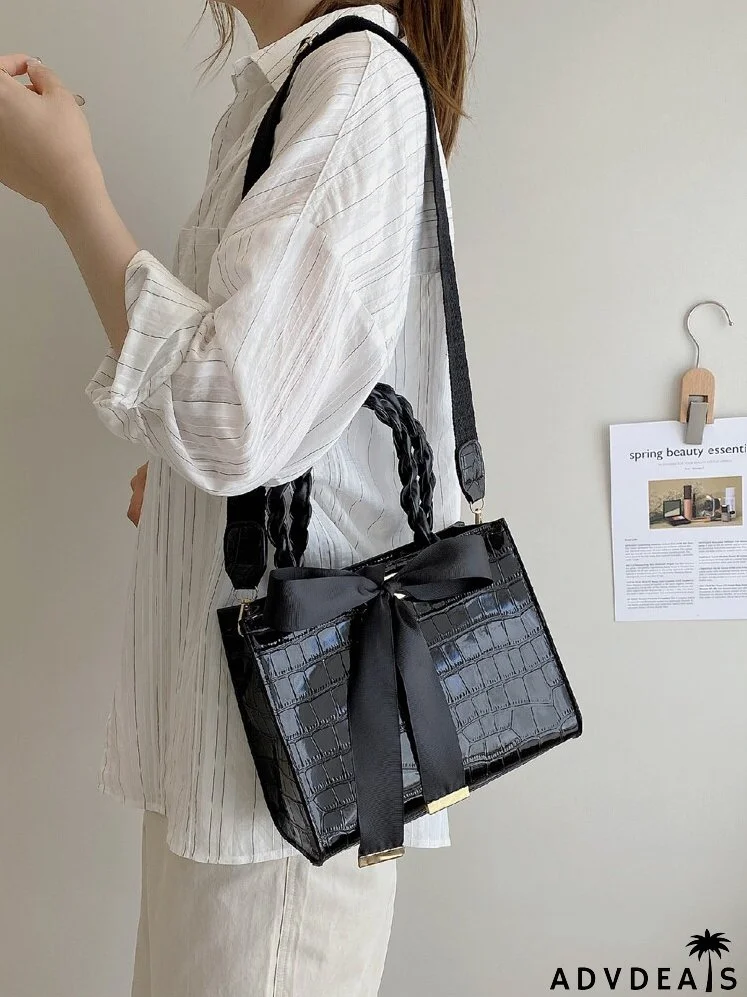 Bow Decor Croc Embossed Satchel Bag