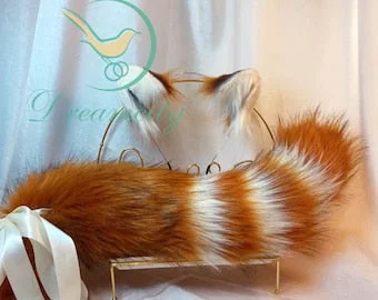 21.5in Red Panda Tail - Panda Ears - COSPLAY - Butt Plug - Animal Ears -  Handmade - Christmas Gift - Lolita - Show -Butt Plug-Plush Hairband
