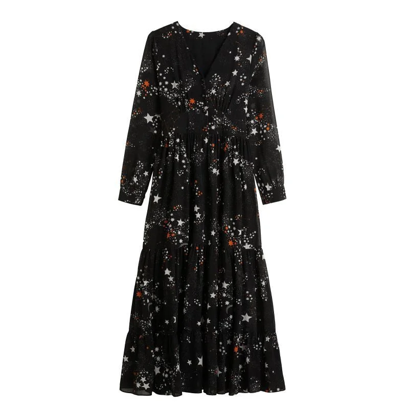 Starry sky print dress 2022 spring new fashion retro elegant stretch waist big swing black casual chiffon V-neck dress female