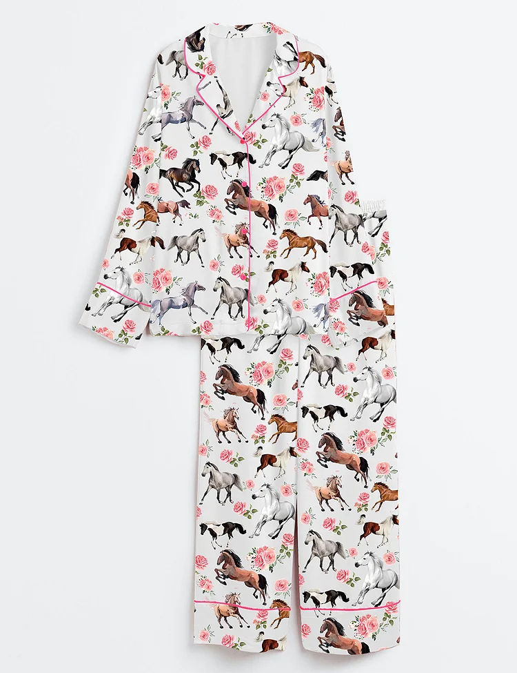 Women&rsquo;s Western Kentucky Derby 151st Run For The Roses Horse Racing Lover Print Long Sleeve Satin Pajama Set