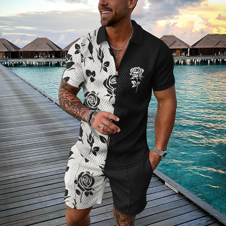 BrosWear Vintage Rose Printed Color Contrast Short Sleeve Polo Shirt And Shorts Co-Ord