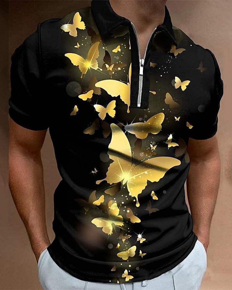 Fashion black casual butterfly printed polo shirt