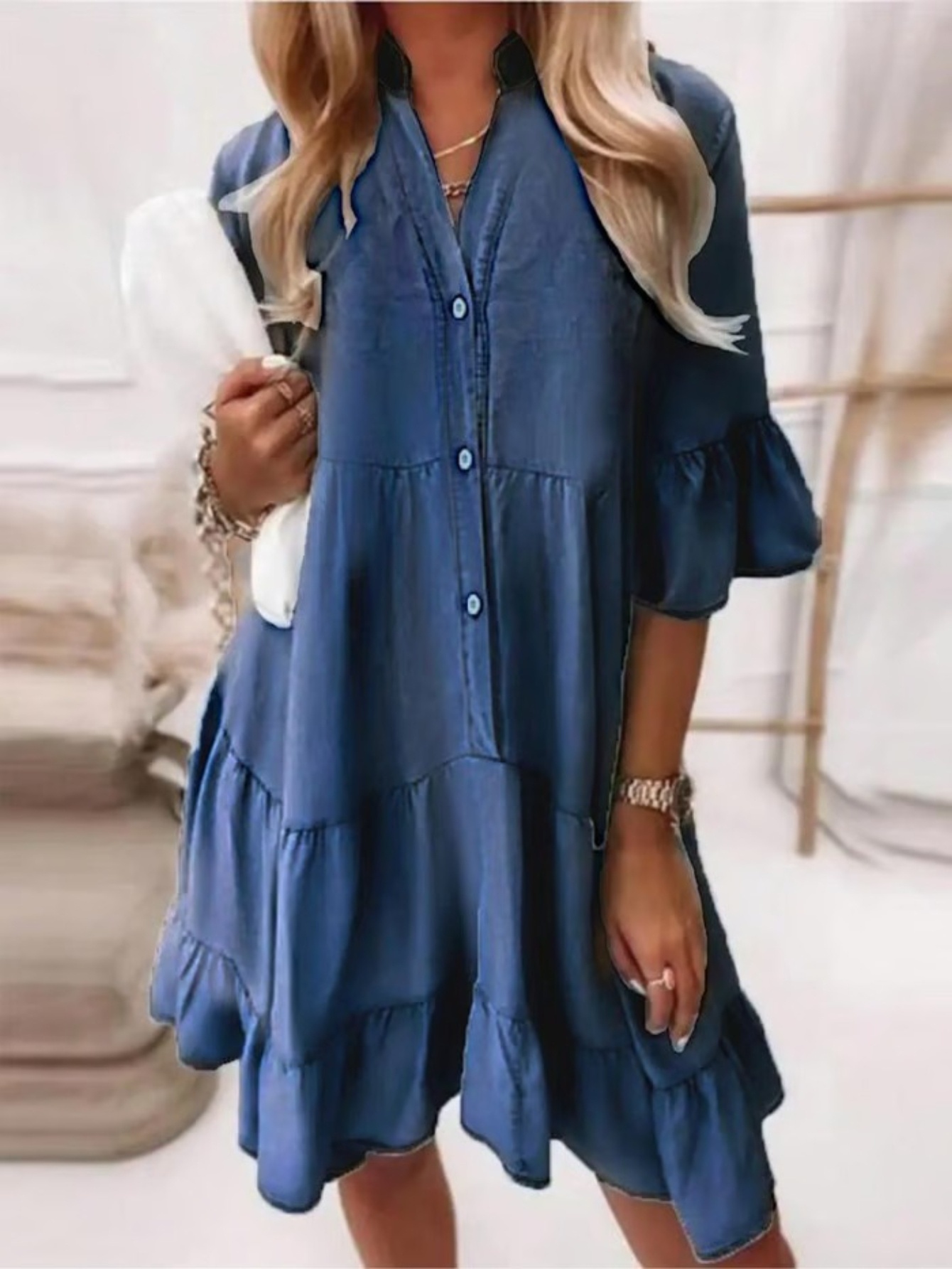 Spring Summer Fall Washed Blue Denim A-Line Dress Button Details 5-Pocket Mid-Length | IFYHOME
