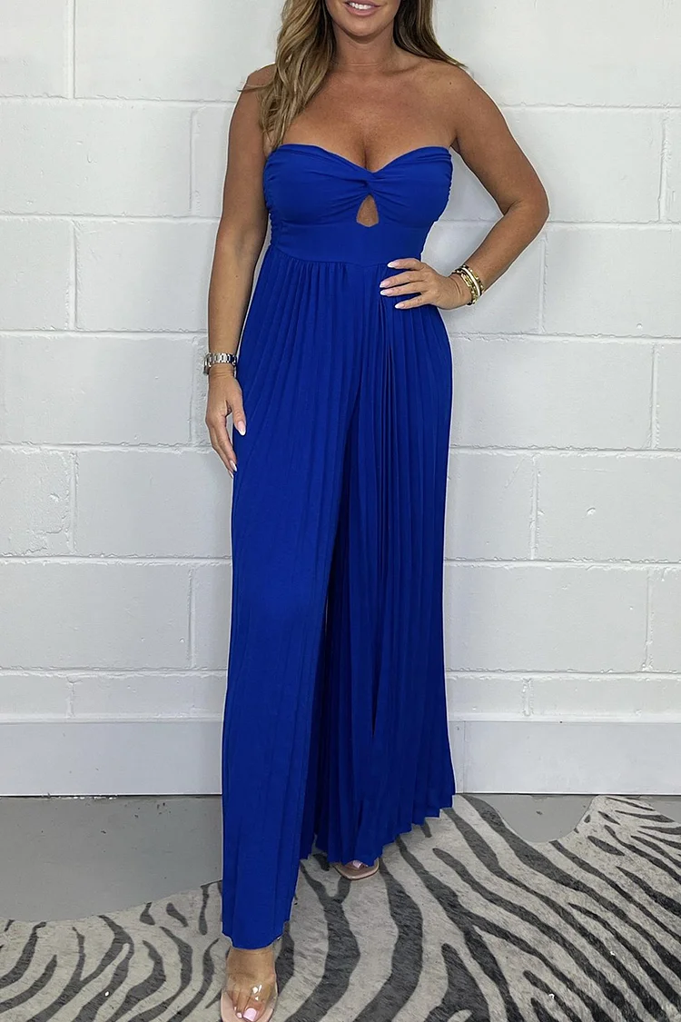 Sweetheart Neck Twisted Cutout Strapless Pleated Plain Wide Leg Jumpsuit