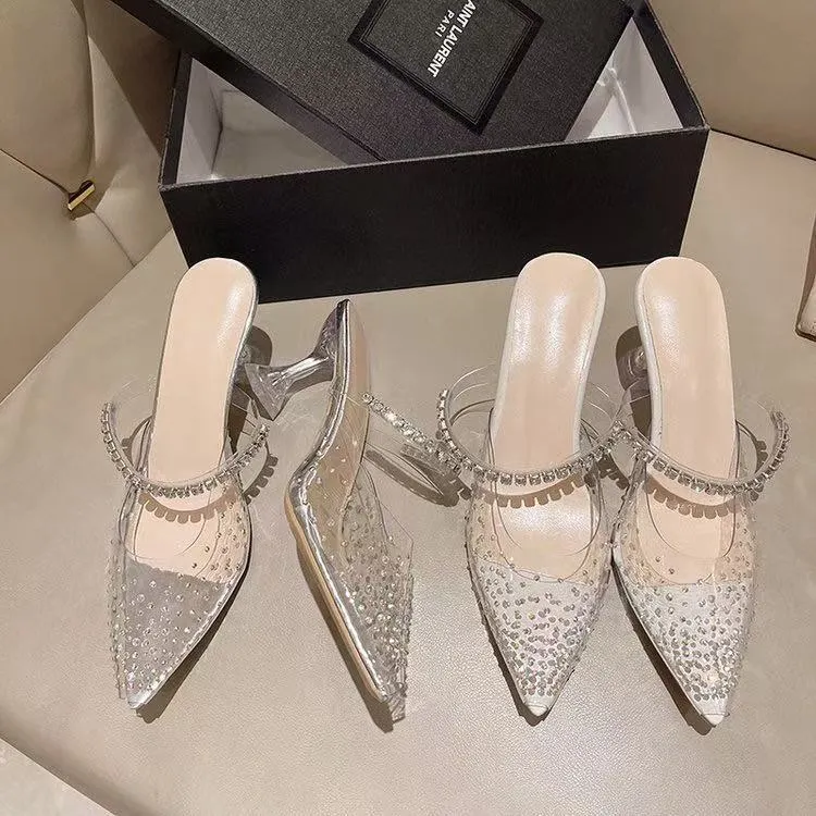 Breakj Breakj Summer Fashion Outside Wearing A Pointed Water Drill Side Buckle High Heels Fairy Style Transparent Word With Fine Slippers