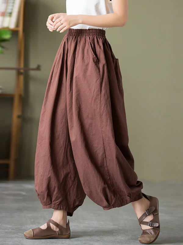 Simple Loose Linen Solid Color Pleated Drawstring Wide Legs Knickerbockers