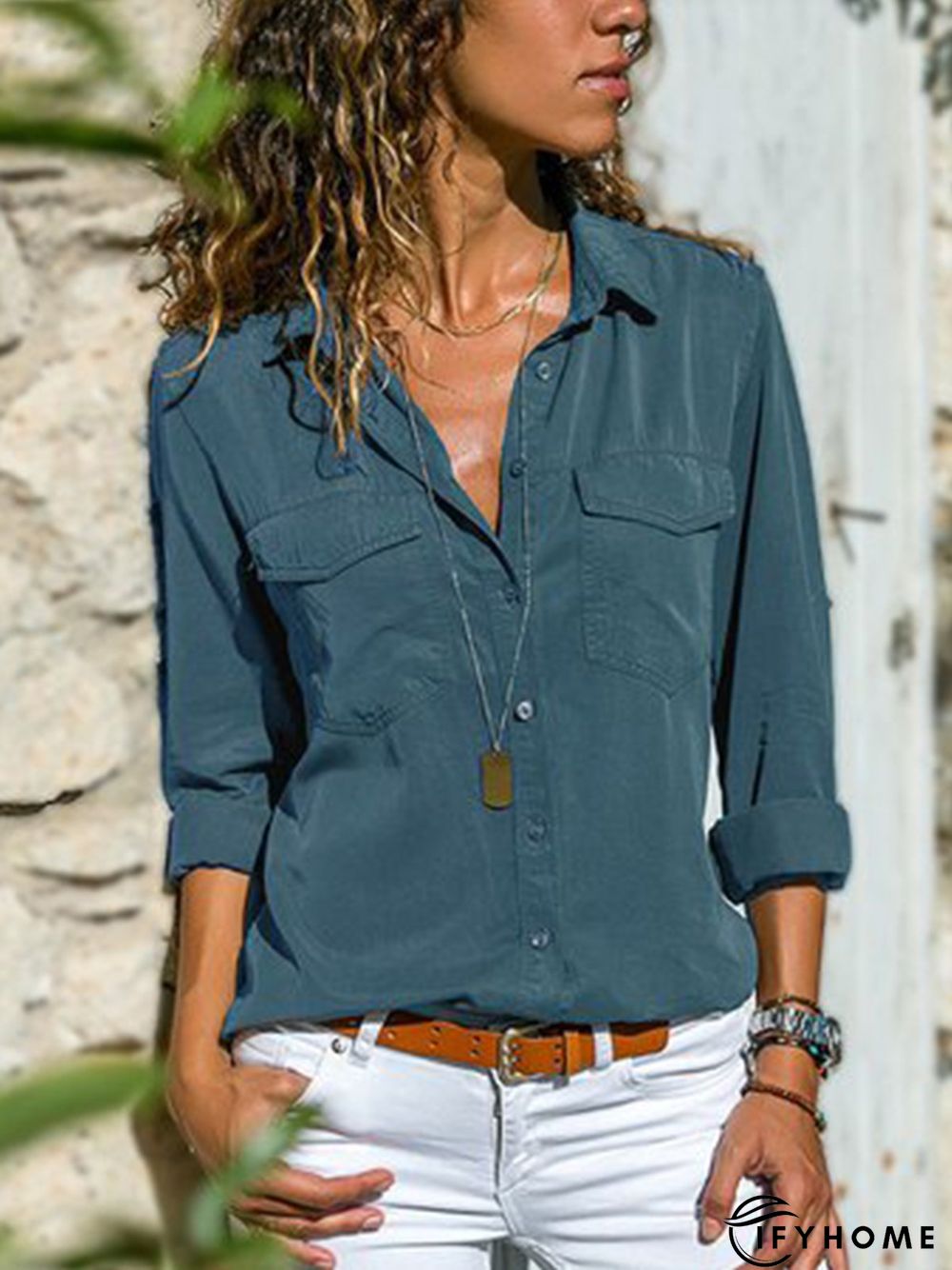 Women Fashion Turn Down Collar Solid  V Neck Long Sleeve Blouse | IFYHOME