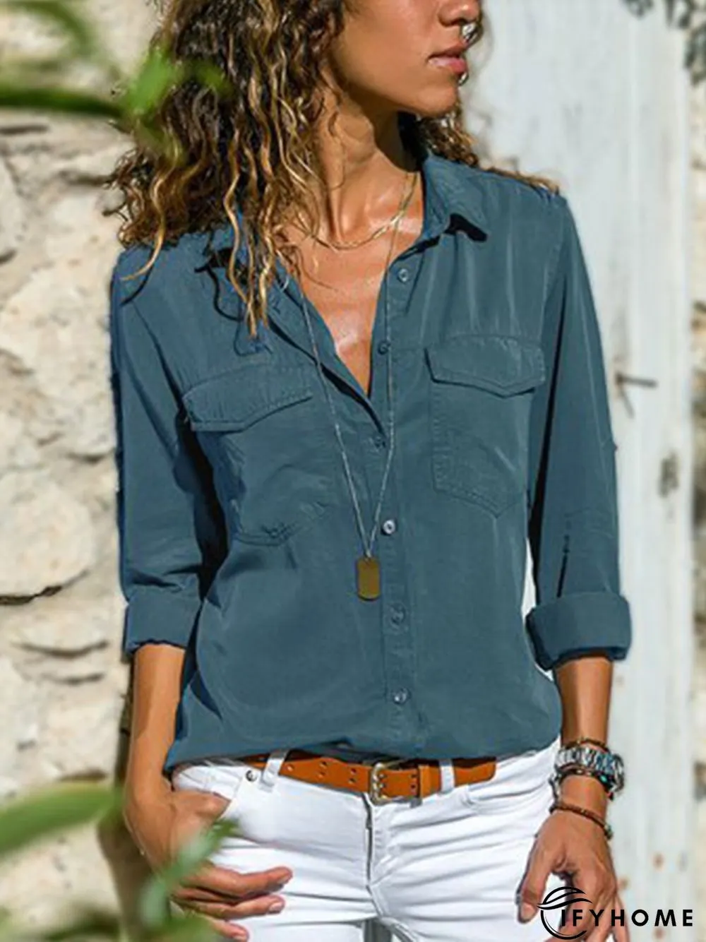Women Fashion Turn Down Collar Solid  V Neck Long Sleeve Blouse | IFYHOME