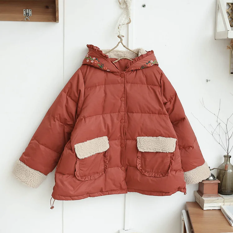 Queenfunky cottagecore style Thick Embroidered Fleece Hood Down Coat QueenFunky