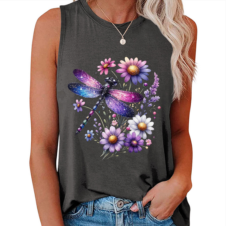 AL™ Summer Dragonfly Print Crew Neck Sleeveless Tank Top-xn0625-4-Annaletters