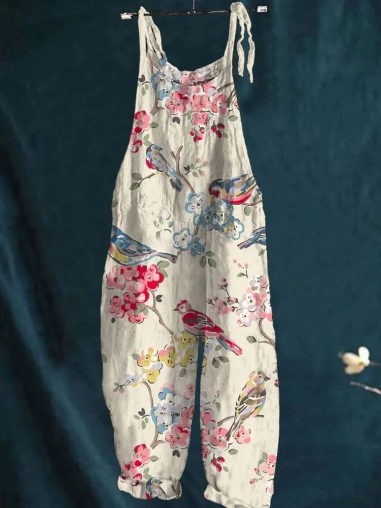 Women's Vintage Lovely Floral Birds Art Print Casual 100% Cotton Wide Leg Jumpsuit