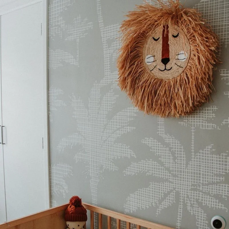 INS Noridc Hand Woven Straw Lion Tiger Wall Hanging Decor Cartoon Animal Ornaments For Baby Bed Kids Room Decoration Photo Props