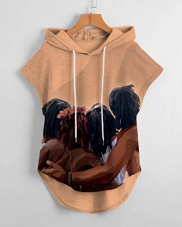 Fashion Artistic Hugging Woman Print Drawstring Hooded Tee