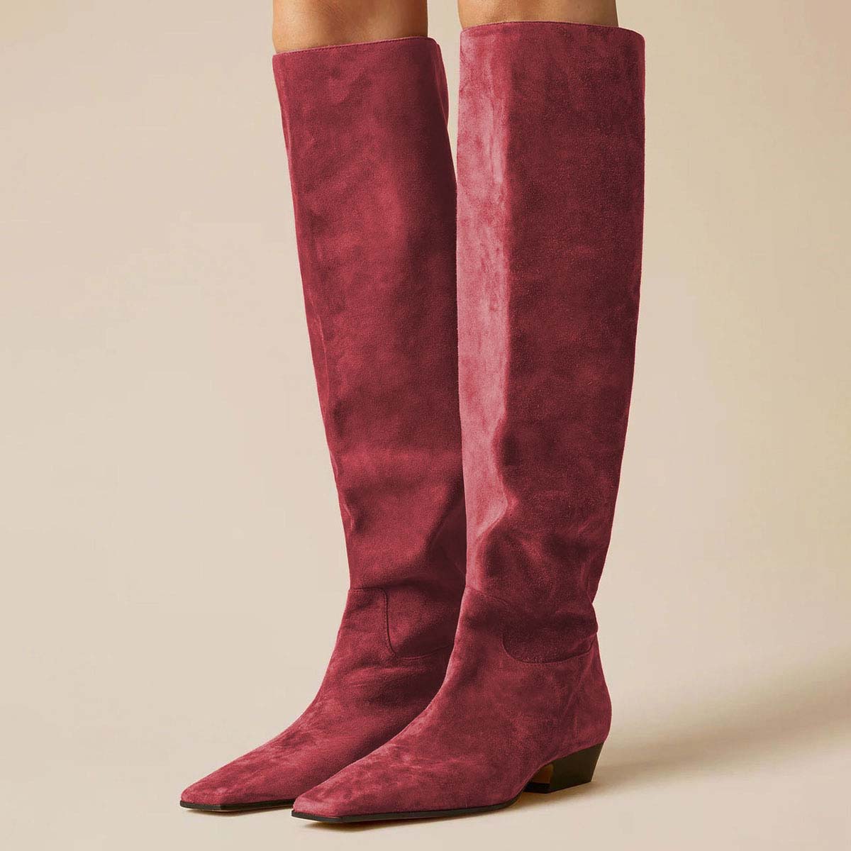 Red Pull-On Square Toe Chunky Heel Knee-High Boots for Women Nicepairs