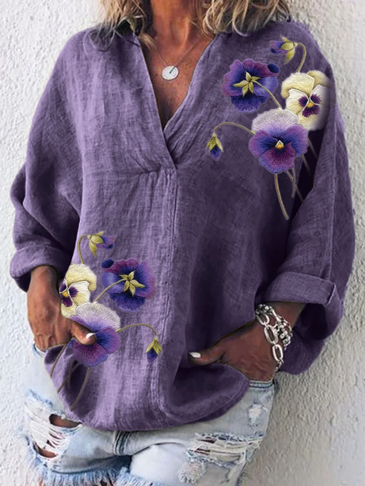 VChics Classy Pansy Flowers Embroidered Linen Blend Tunic