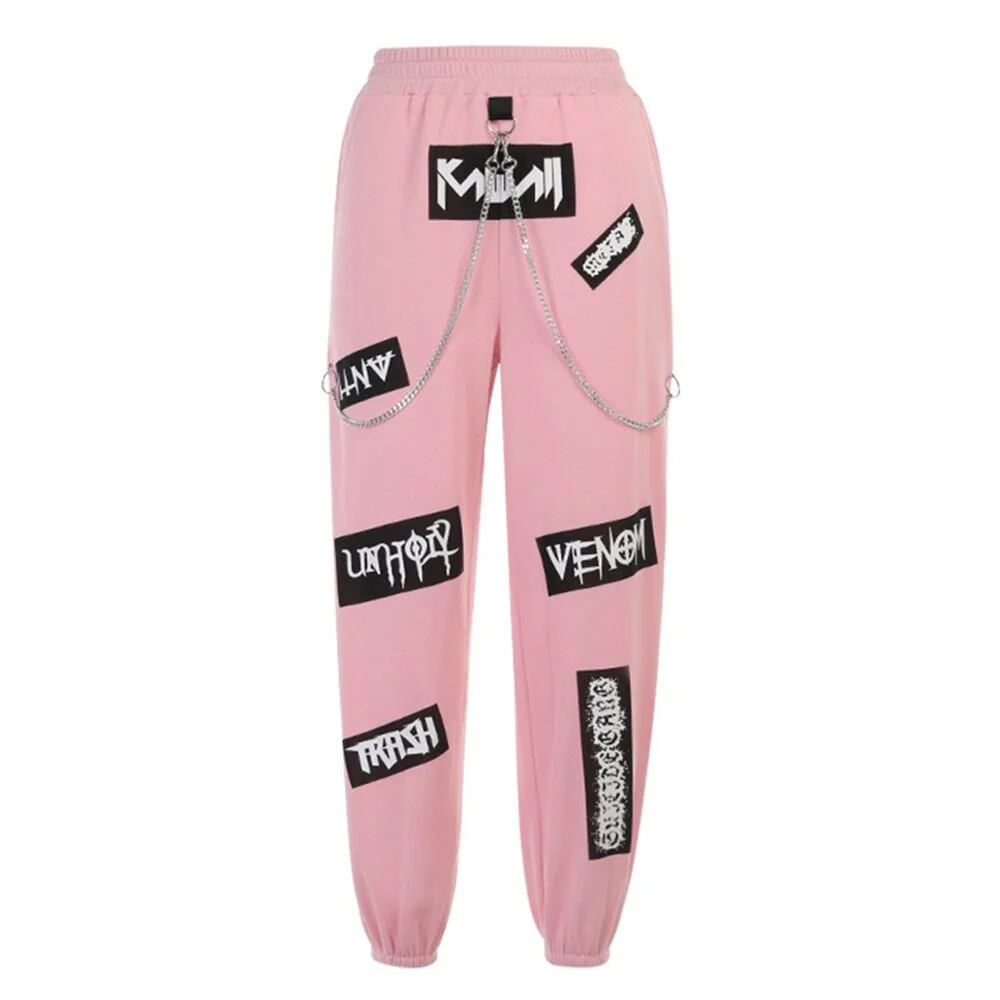 Jangj Y2k Pink E Girl Pants With Chain Grunge Print Harajuku Casual Trousers Cartoon Pants Women Hip Hop Punk Sweatpants Kpop Joggers