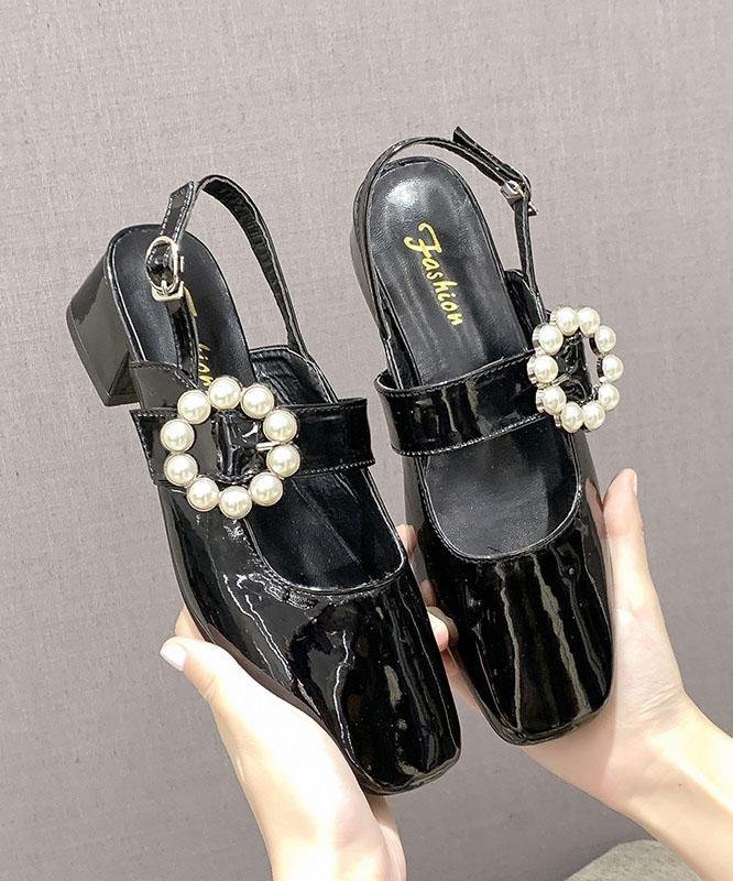 Black High Heels Chunky Faux Leather Comfy Buckle Strap High Heels