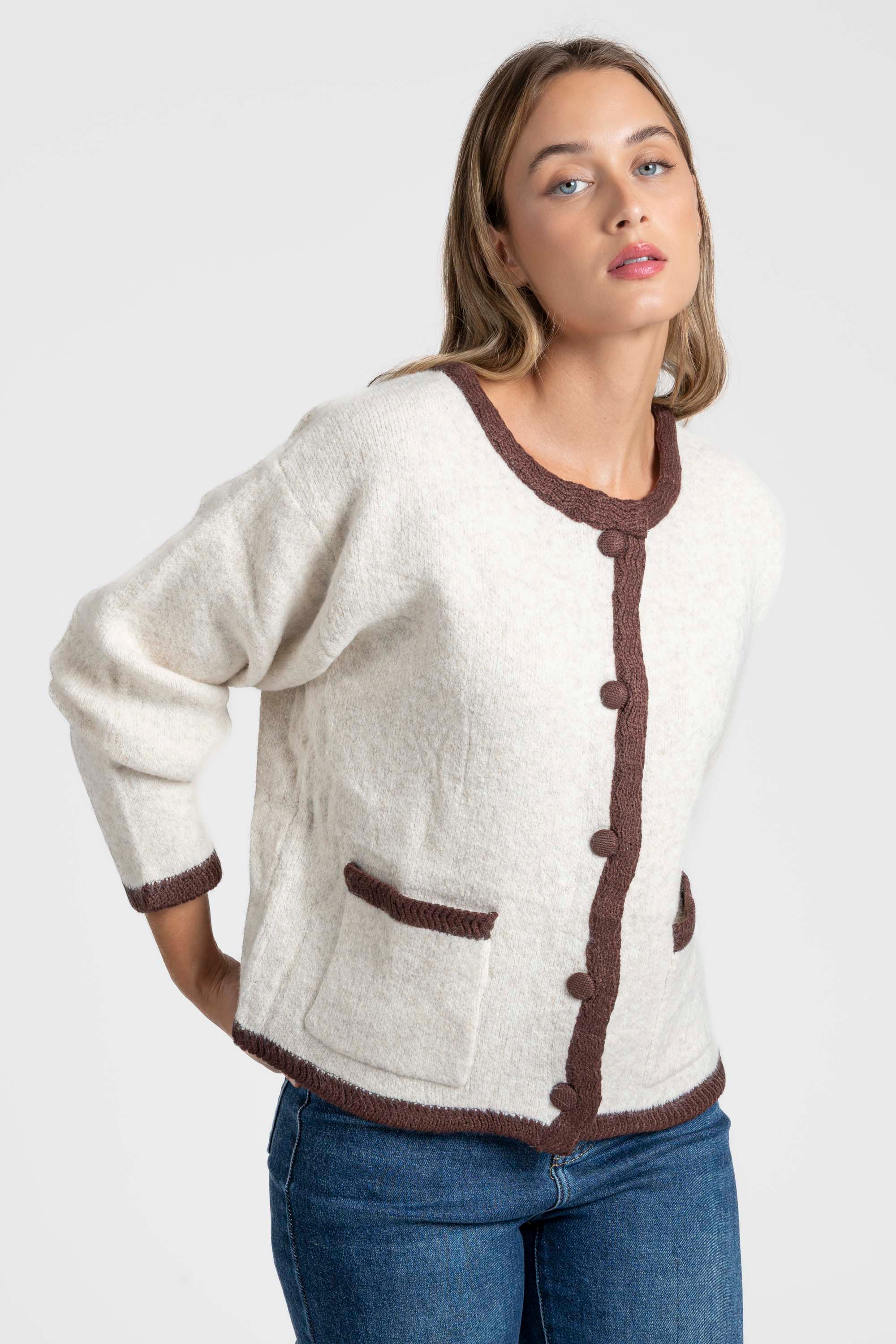 Veste en maille contrast&eacute;e chic &ndash; Coupe droite &ndash; Beige ou gris &ndash; Maille laine m&eacute;lang&eacute;e