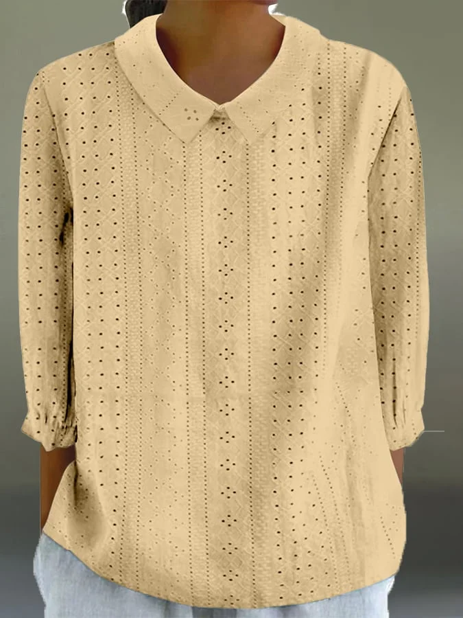 Women'S Casual Lapel Solid Color Loose Three-Quarter Sleeve Top 