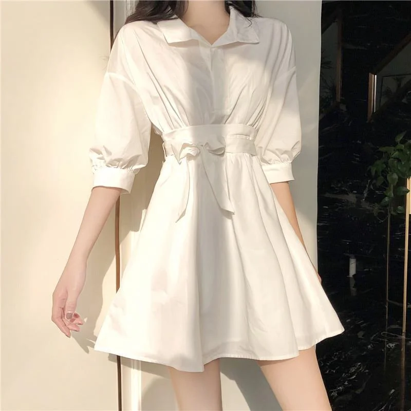 Christmas Gift QWEEK White Shirt Dress Women Korean Style Party Mini Short Dresses Woman Autumn 2023 Casual Half Sleeve Sundress Robe Female