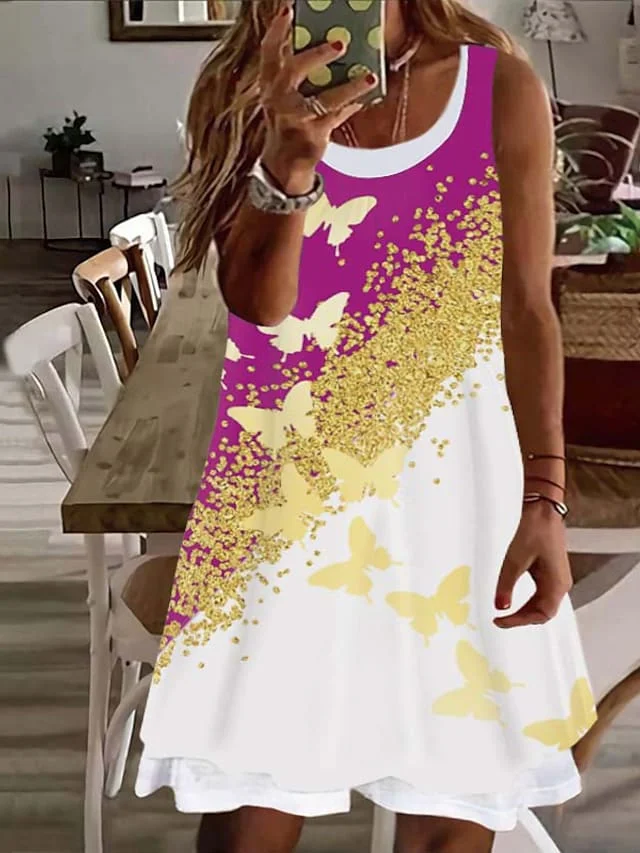 Women's Plus Size Casual Dress Butterfly Crew Neck Print Sleeveless Spring Summer Casual Short Mini Dress Daily Vacation Dress