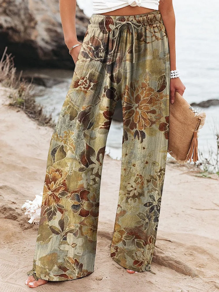 Women's Vintage Floral Art Printed Cotton And Linen Casual Pants