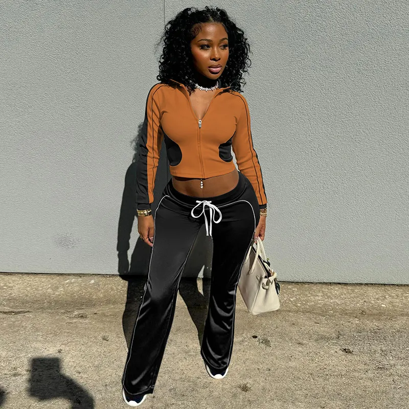 Uveng Uveng Women's Autumn And Winter Line Bump Color Without Collar Zipper Tight Rope High-Waisted Trousers Set