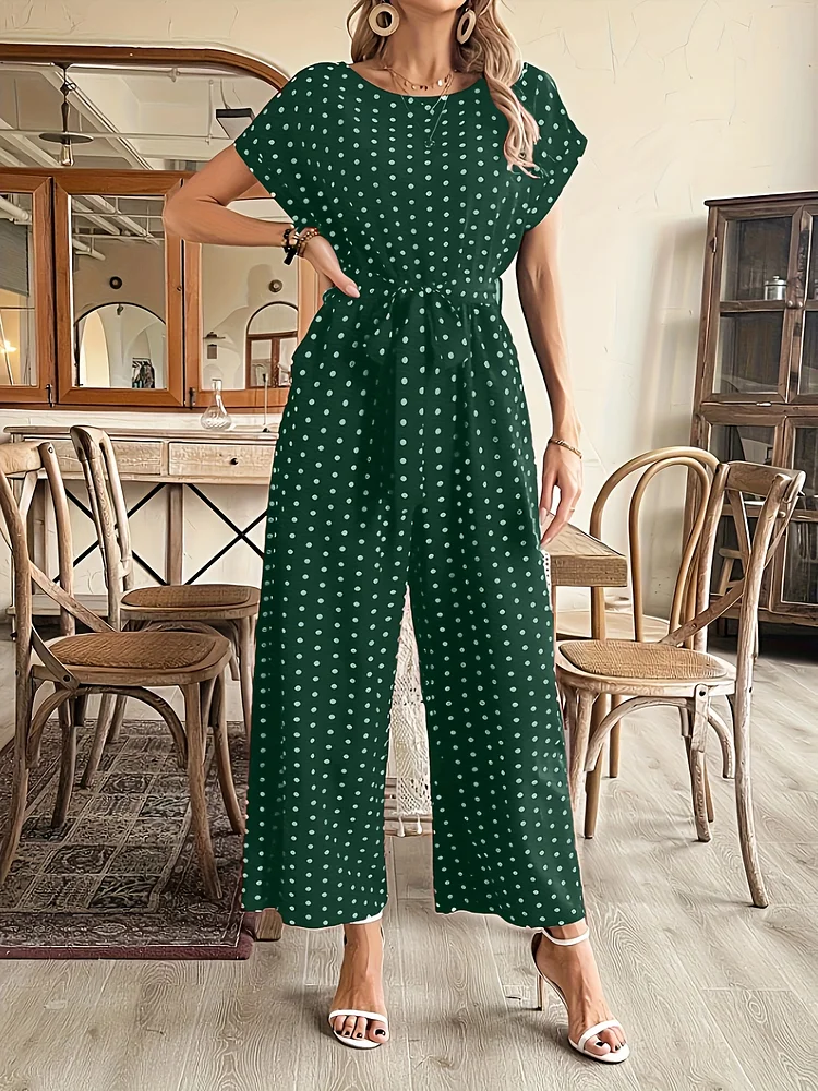 Stylish Navy Blue Polka Dot Women's Jumpsuit | Ruched Detail, Belted Romper | Formal Attire, All-Season Wear, Casual & Formal Event