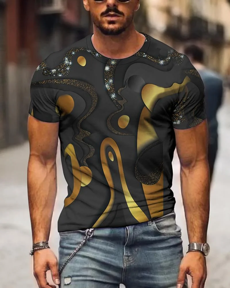 Men's Casual Black-gold Abstract Pattern T-shirt
