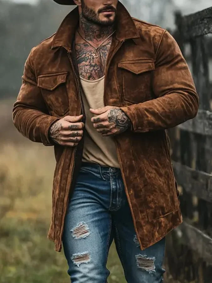 Men's Outdoor Vintage Suede Long Pocket Jacket