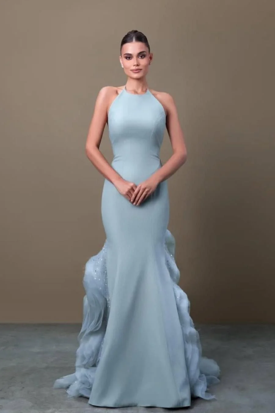 Miabel Elegant Blue Satin Halter Sleeveless Sequins Prom Dress with Ruffles 