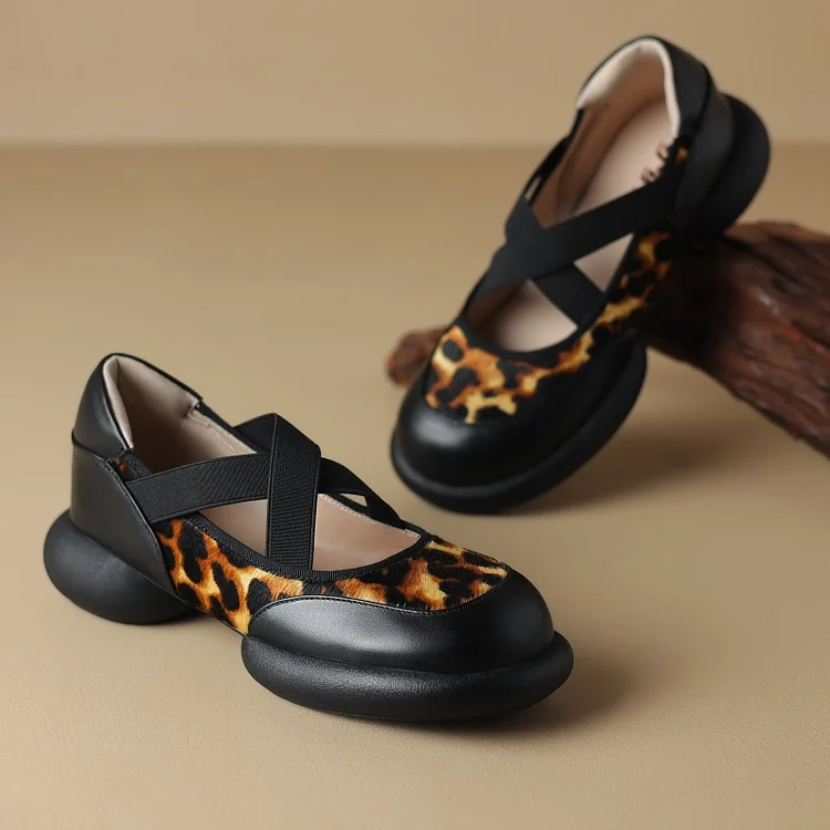 Vintage Leopard Splicing Elastic Cross Tie Platform Shoes